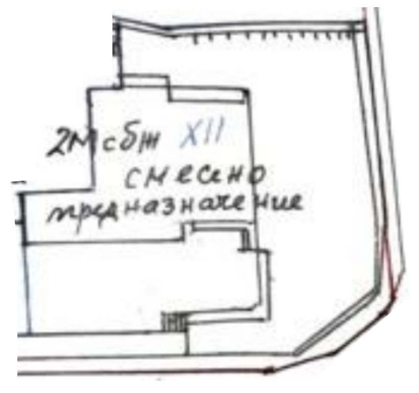 Site plan excerpt of plot XII, showing the commercial building and adjoining street boundary